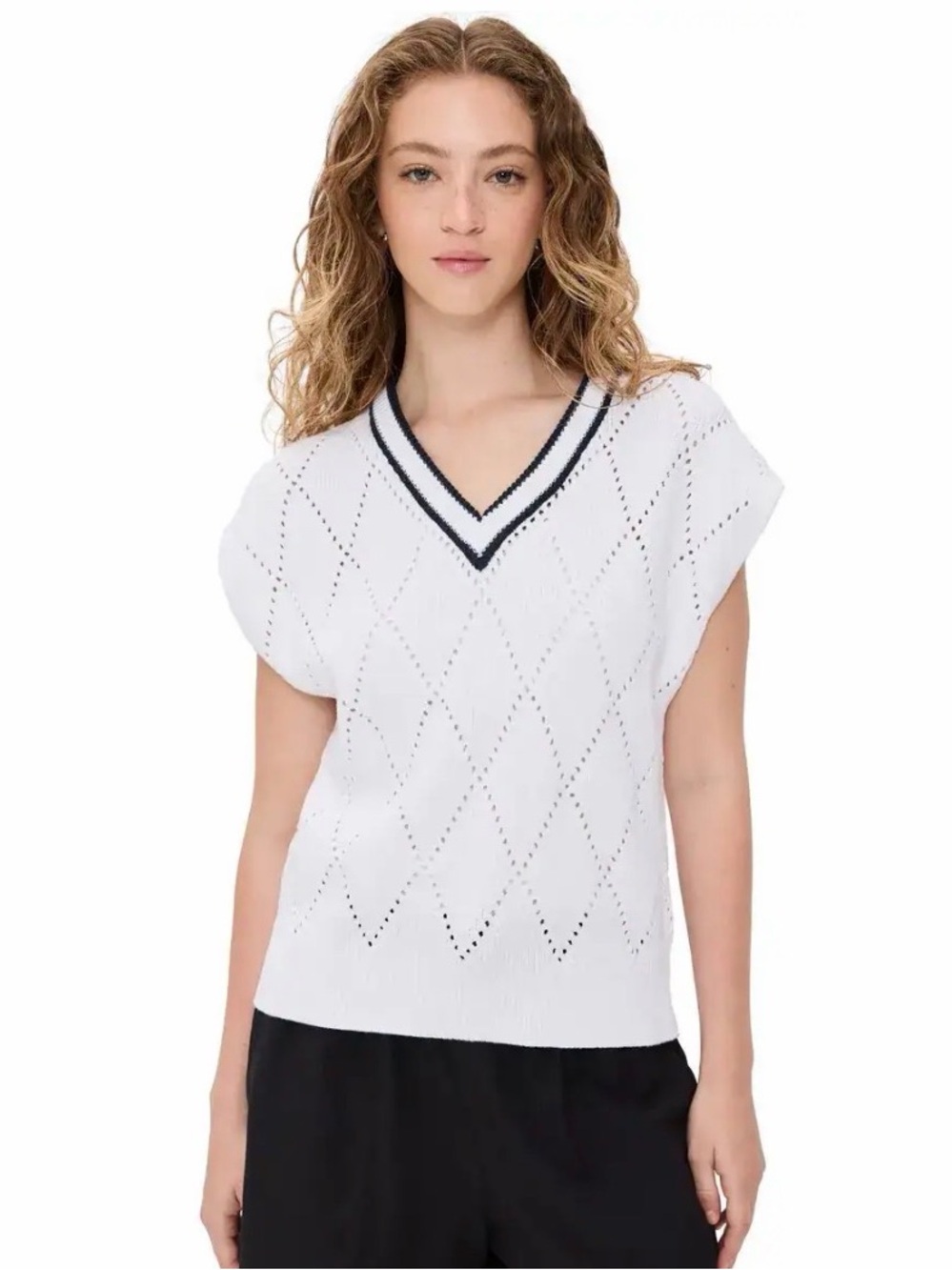 Varley Beaton White V-Neck Sweater Vest with Navy Trim
